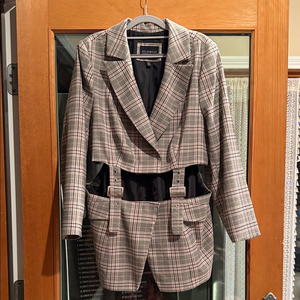 Eloquii Checkered Blazer with Belt Detail